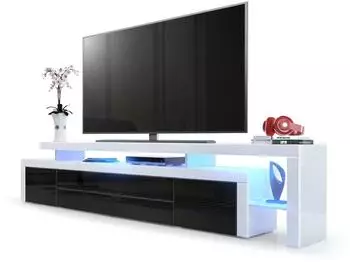 Vladon Leon V3 Lowboard mit LED, schwarz/wei&szlig; Hochglanz (227x52x35cm)