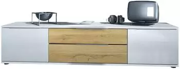 Vladon Linio V2 TV-Lowboard 2 T&uuml;ren & 2 Schubladen, wei&szlig; Hochglanz / Eiche Natur, 166,5x37,5x35cm