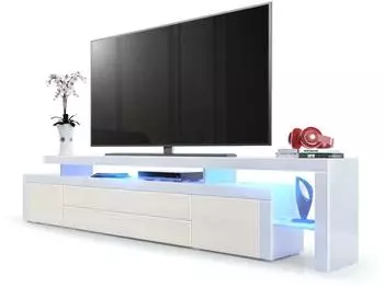 Vladon Leon V3 Lowboard mit &Uuml;berbau und LED, creme/wei&szlig; hochglanz (227x52x35cm)