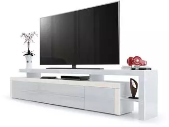 Vladon Leon V3 TV-Lowboard mit &Uuml;berbau, wei&szlig;/creme hochglanz, 227x52x35cm