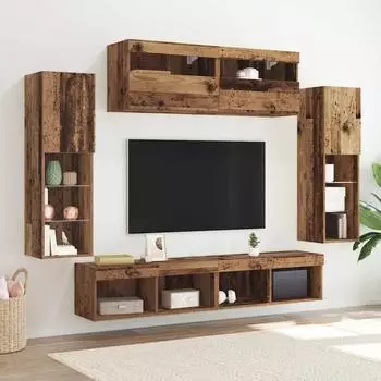 vidaXL TV-Schrankset mit LED-Lichtleisten, 6-tlg., Altholz-Optik (3334380)