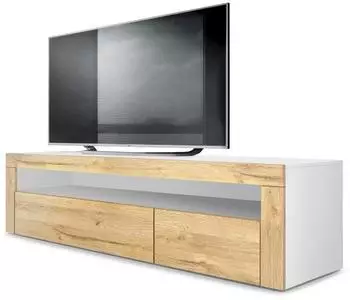 Vladon Valencia Lowboard mit 1 offenem Fach und 2 Klappen, wei&szlig; matt/Eiche Natur, 155x46x40cm