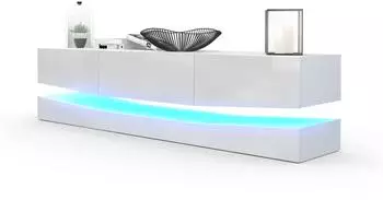 Vladon City Lowboard wei&szlig; matt/wei&szlig; Hochglanz mit LED-Beleuchtung, 178x39cm (50002777)