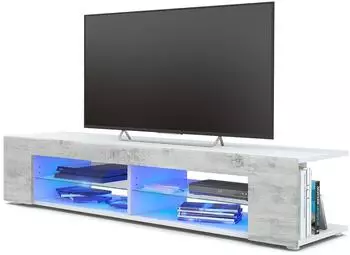 Vladon Movie TV-Lowboard 4 offene Fächer, weiß matt/Beton Oxid-Optik, LED-Beleuchtung blau (50004794)