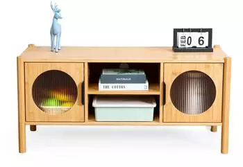 Relaxdays TV Lowboard Bambus, 2 Türen, hellbraun