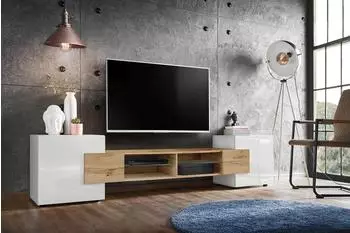 Komodee Merano TV-Lowboard 2 Türen, 4 Fächer, weiß/Wotan Eiche, 230x52,5x35cm