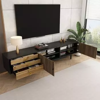 Stilvora Lowboard mit Wellenmuster, 3 Schubladen, 180x50x38cm, schwarz/natur (QTEAOK2XS5L7OR)