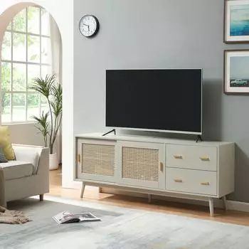 en.casa Susa TV-Schrank mit Polyrattan-Front, 2 Schiebet&uuml;ren, 160x40x65cm, beige