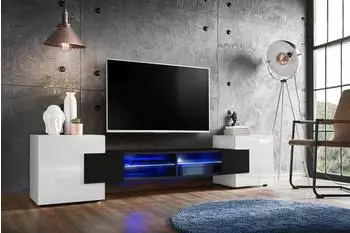 Komodee Merano A1 Lowboard wei&szlig;/schwarz, blaue LED, 4 F&auml;cher, 230x52,5x35cm