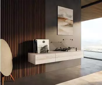 DeLife Cuor Lowboard Keramik Laminam® Travertino Bianco, 150cm, schwebend (40281)