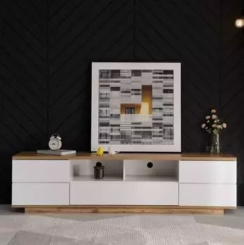 OKWISH TV-Schrank Lowboard wei&szlig;, MDF, Gitterdesign, 180x46x38cm