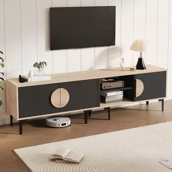 MODFU TV-Lowboard Eiche/schwarz 180x35x49cm, 3 T&uuml;ren, 2 offene F&auml;cher