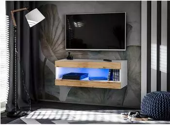 Komodee Tivoli RTV2 Hänge-Lowboard weiß/Eiche Wotan, LED blau, 100x36x35cm