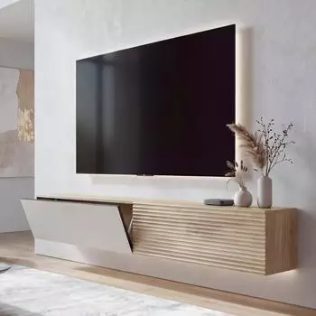 Mendler HWC-Q84 TV-Rack Lowboard Wandmontage, Melamin Eiche-Optik 30x160x30cm (123024)