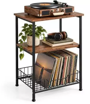 Relaxdays Plattenspieler-Tisch 3 Ebenen, Industrial, 64,5x40x30cm, Eisen/MDF, braun/schwarz