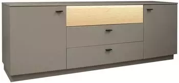 M&auml;usbacher Lowboard Lino taupe matt/Eiche massiv, 207x72x45cm, mit Beleuchtung (LB-23)