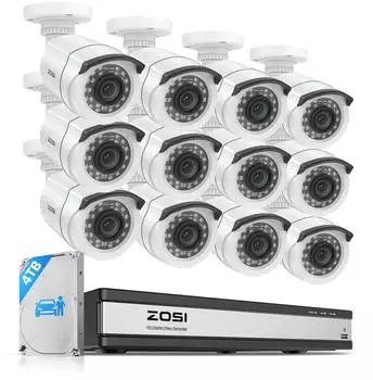 ZOSI Überwachungskamera-Set 16CH 1080P 12 Bullet-Kameras, H.265+ DVR, 4TB, Personen-/Fahrzeugerkennung