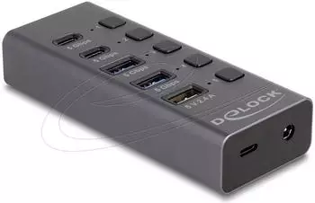 DeLock USB-Hub 5Gbps 4-Port USB-A/USB-C mit Schnellladeport und Schalter (64248)
