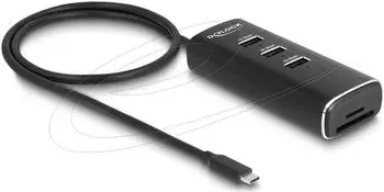 DeLock 3-Port USB 10 Gbps Hub mit SD/microSD-Kartenleser, USB-C, 60cm Kabel (64234)