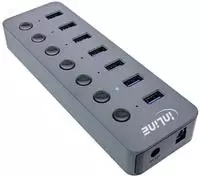 InLine&reg; USB 3.2 Gen.1, 7-Port, mit Schalter, Aluminium, grau, mit Netzteil Eingabe /
