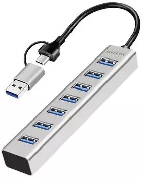 LogiLink USB 3.0 Hub 7-Port, USB-A/USB-C 2-in-1-Kabel, 5Gbit/s, silber