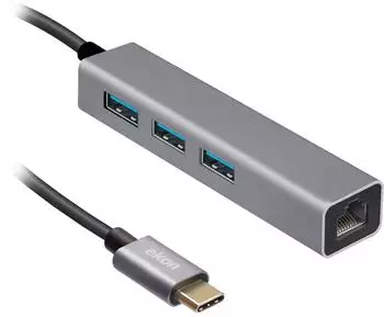 Ekon USB-C Hub 3x USB-A 3.0 + RJ45, Metall