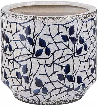 Beliani Leaf pattern flower vase 15 cm white and blue