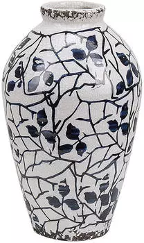 Beliani Leaf pattern flower vase 22 cm white and blue