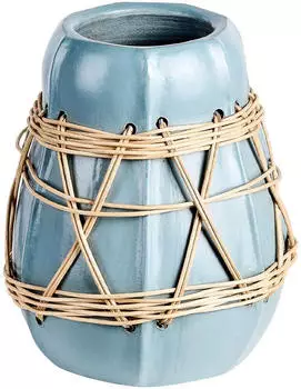 Beliani Terracotta decorative vase with rattan 27 cm blue and beige
