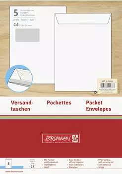 Brunnen Versandtasche C4 mit Fenster, weiß, 120g/m², Haftklebung (1053440)