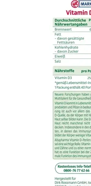 Altapharma Vitamin D3 1.000 i.E., Perlen