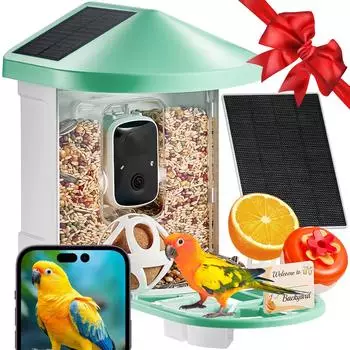 VEVOR Vogelfutterhaus mit KI-Kamera 2K HD, Solar, 10000 Arten, Gr&uuml;n (FB-A05)