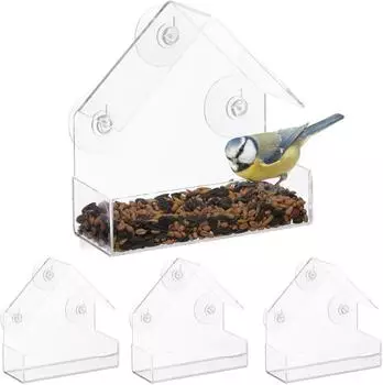 Relaxdays Fenster-Vogelfutterhaus 4er-Set, transparent, Kunststoff, 15x15x7cm