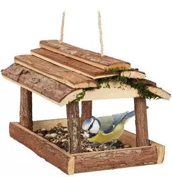 Relaxdays Vogelfutterhaus Holz mit Rinde und Moos, zum H&auml;ngen, 19x21x23cm