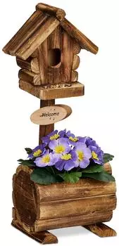 Relaxdays Deko-Vogelhaus mit Blumentopf, Tannenholz, 41x15x15cm (10048833)