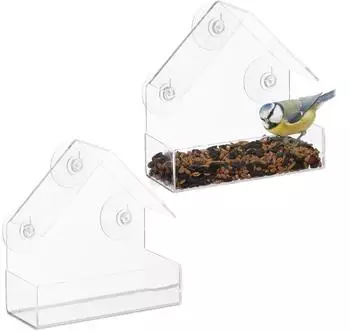 Relaxdays Fenster-Vogelfutterhaus 2er Set, 3 Saugn&auml;pfe, transparent, 15x15x7cm