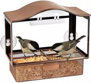 LuxusKollektion Vogelfutterspender für Fenster, Metall, braun, mit Saugnäpfen & Haken