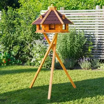 Deko Shop Hannusch Vogelhaus XXL mit Ständer und Solarbeleuchtung, Holz, rot (V18)