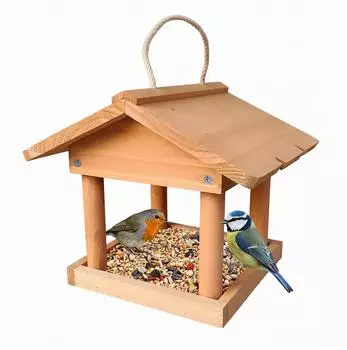 Relaxdays Vogelfutterhaus zum Aufh&auml;ngen, Holz, orange, 22x26x22cm