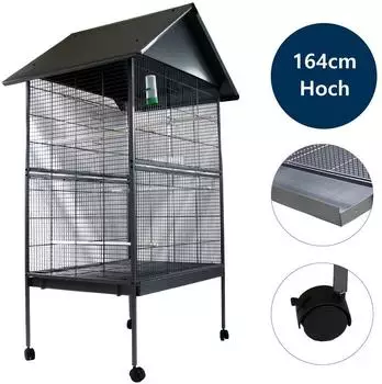 Mucola Vogelvoliere XXL grau mit Stangen und Näpfen