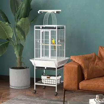 Pawhut Vogelkäfig mit 3 Türen, 2 Sitzstangen, 360° Rollen, 62,5x62,5x156cm, weiß (D10-068V00WT)