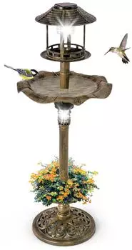 Costway Vogeltr&auml;nke mit Solarleuchte und Blumentopf, 110cm, bronze