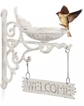 Relaxdays Vogeltränke "Welcome" Gusseisen, Wandmontage, weiß (22.5x25x13.5cm)