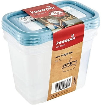 keeeper Tiefk&uuml;hldosenset 3-teilig, Wiederbeschreibbarer Deckel, 3 x 1 l, 15,5 x 10,5 x 11,5 cm, Mia Magic Ice, Nordic Blue