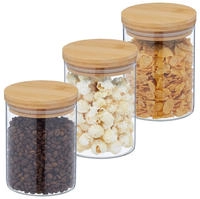 Relaxdays Vorratsgl&auml;ser Mit Bambusdeckel, 3er Set, Runde Vorratsdosen Aus Glas, 650
