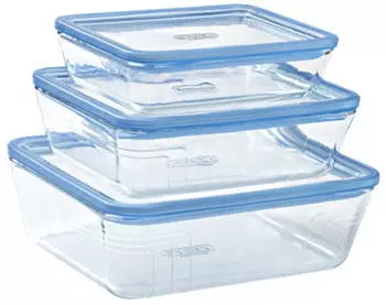 Pyrex Zero Plastic 3er-Set rechteckige Borosilikatglas-Behälter mit Deckel, ofenfest (0,8L + 1,5L + 2,6L)