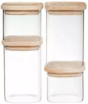 EDM Stapelbare Glasbeh&auml;lter mit Holzdeckel, 4er-Set (JJ153)
