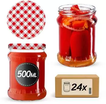 Kadax Anna Einmachglas 500ml Schraubdeckel Fi82, Rot Kariert, 24 Stück (TO-500/8)