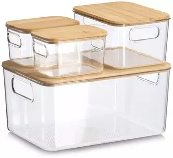 Zeller Aufbewahrungsboxen-Set 4-tlg., Kunststoff transparent, Bambusdeckel (15208)