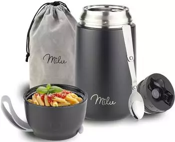 Milu Thermobehälter 800ml Edelstahl, mit Löffel, schwarz